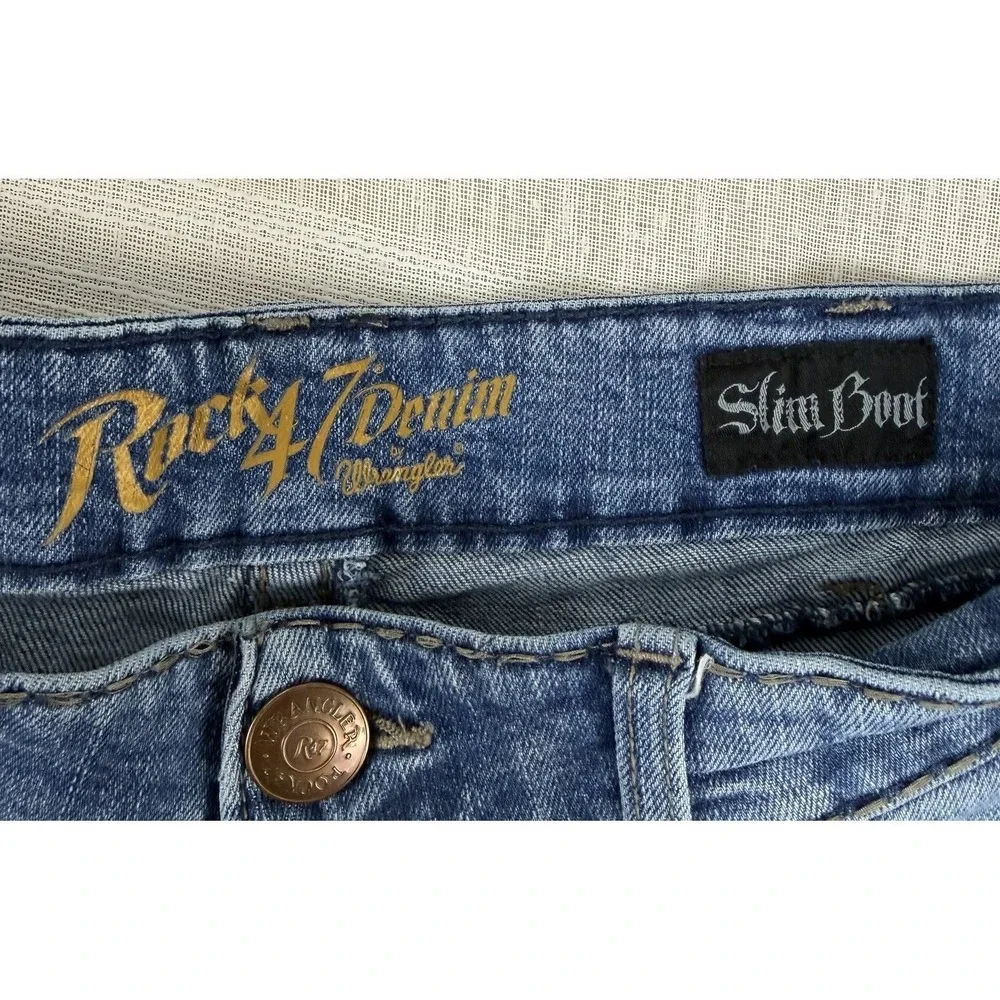 Rock 47 by Wrangler Denim Slim Boot‎ Men's Jeans Sz 38x32 Distressed Whiskers